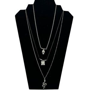 Target 3pc Layered Necklace Set‎ With Skull Snake & Square Charms Silver Tone